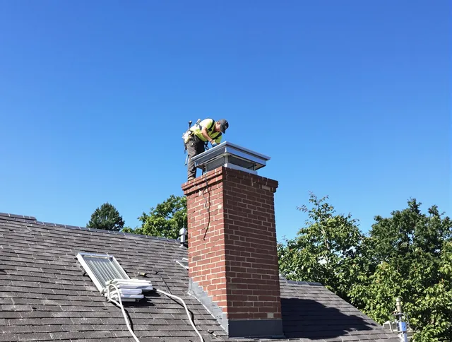 Cheshire Chimney Sweep technician measuring a chimney cap in Cheshire, CT