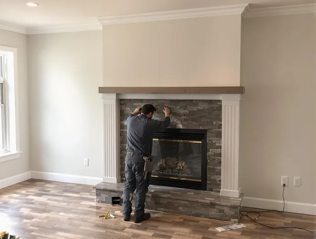 Cheshire Chimney Sweep finishing a custom fireplace install in Cheshire, CT